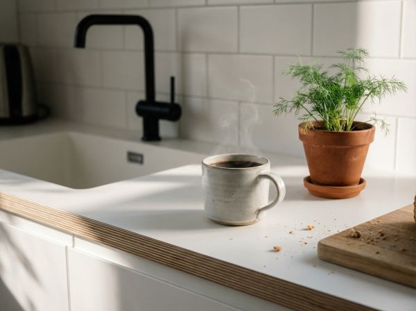 Lähikuva valoisasta keittiötasosta, jossa kahvikuppi, yrttejä ja koivuvaneria