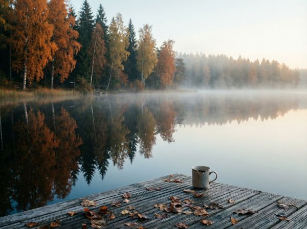 Sumuinen syysammu suomalaisella järvellä, vanha puulaituri ja ruskan värit heijastuvat tyyneessä vedessä
