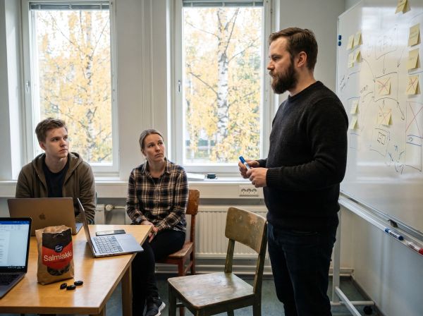Kolmen hengen teknologiatiimi suunnittelee projektia valkotaulun ääressä syksyisessä neuvotteluhuoneessa