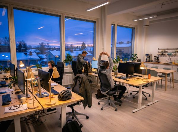 Laaja kuva avotoimistosta talvi-iltapäivänä, työntekijöitä päättämässä päivää ja sininen hämärä ikkunoissa