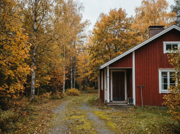 Punainen suomalainen puutalo syksyisessä maisemassa ruskan keskellä