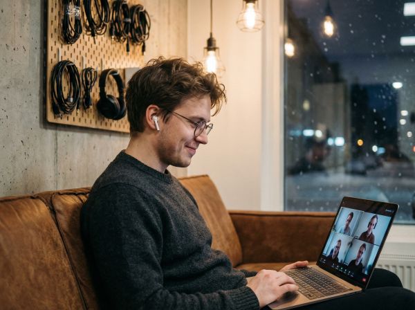 Nuori mies istuu nahkasohvalla kannettava tietokone sylissään ja osallistuu videopalaveriin yhteisöllisen työtilan lounge-tilassa talvisena iltana