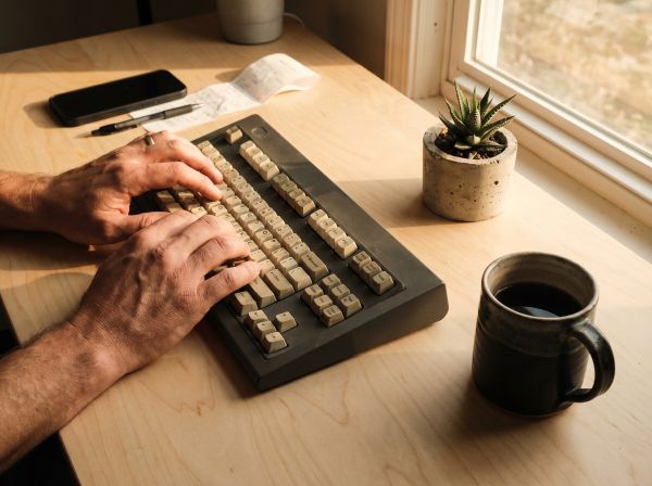 Lähikuva käsistä kirjoittamassa vanhalla näppäimistöllä koivuisella työpöydällä kahvikupin vieressä