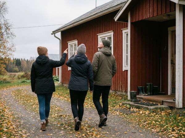 Nuori pariskunta kävelee punaisen puutalon pihalla syksyisessä maisemassa ja tarkastelee taloa mahdollisina ostajina