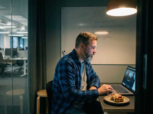 Mies osallistuu videopalaveriin kannettavalla tietokoneella pienessä neuvotteluhuoneessa