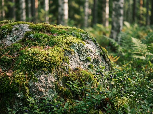 Lähikuva sammaleisesta kivestä suomalaisessa metsässä, mustikanmarjoja ja pehmeä metsänvalo