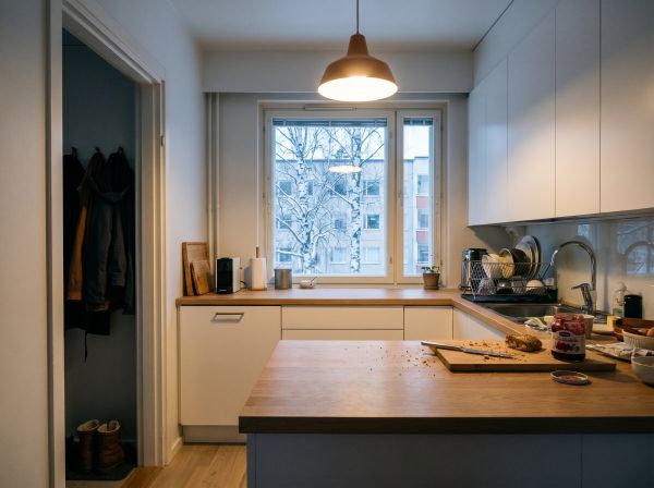 Remontoitu suomalainen kerrostalokeittiö talvisessa aamuvalossa aamiaistarvikkeineen tiskipöydällä