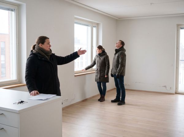 Kiinteistövälittäjä esittelee valoisaa tyhjää asuntoa nuorelle pariskunnalle talvisessa päivänvalossa