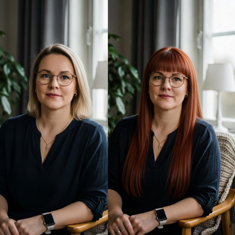Hiustyylin vaihto - kokeile pitkät punaruskeat hiukset otsatukalla