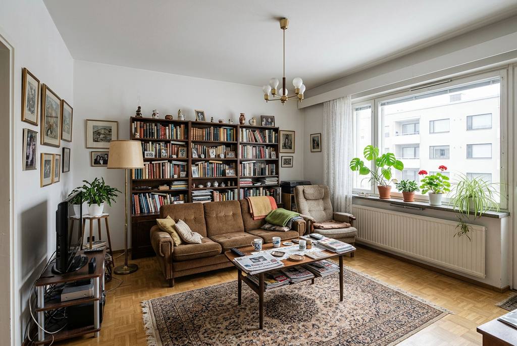 Kalustettu vanha olohuone ennen tyhjennystä